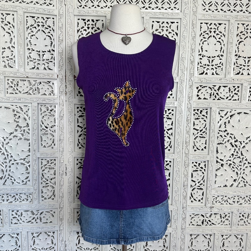 Handmade Retro Purple Tank Top With‎ Cheetah Print Appliqué Cat Sz Small